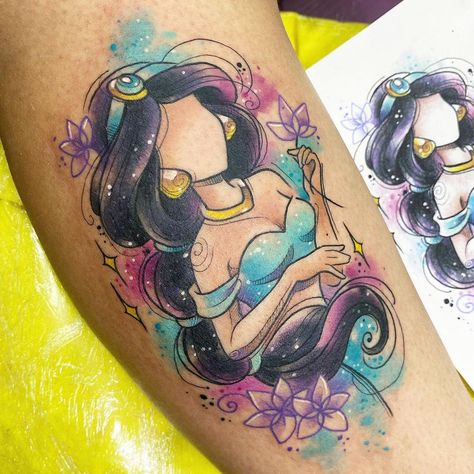 Disney Tattoos Pocahontas, Princess Jasmine Tattoo, Aladdin Tattoo, Disney Watercolor Tattoo, Jasmine Tattoo, Disney Sleeve Tattoos, Disney Princess Tattoo, Birthday Tattoo, Princess Tattoo