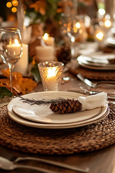 A beautifully arranged Thanksgiving tablescape featuring warm earth tones, rustic decor, and seasonal elements. This pin showcases a cozy atmosphere perfect for festive gatherings using inviting colors. Cozy Dinner Table, Thanksgiving Tablescape, Rustic Ceramics, Holiday Meals, Thanksgiving Tablescapes, Decor Pieces, Thanksgiving Decor, Thanksgiving Crafts, Natural Elements