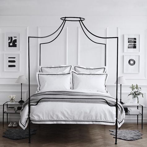 Beaumont Four Poster Bed: Striking black metal frame with the four corner posts meeting in the middle to create a centerpiece which is perfect for a sheer draping canopy. Affiliate Marketing. Minimalist Bedroom Men, Simple Bed Designs, Monochrome Bedroom, Canopy Bed Frame, Black Bed Linen, Egyptian Cotton Duvet Cover, Grey Linen Bedding, Bed Linen Design, Four Poster Bed