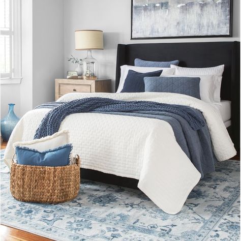 You'll love the Wingback Upholstered Panel Bed at Wayfair - Great Deals on all Furniture products with Free Shipping on most stuff, even the big stuff. White And Blue Comforter Bedroom, Blue And White Bedroom Decor, White And Blue Bedding, Navy And White Bedroom, Bilik Tidur, Upholstered Panel Bed, Blue Bedroom, Master Bedrooms Decor, White Bedroom