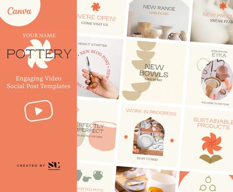 If not now, when? 'Your Name' Pottery is ready to begin.  These templates are professionally designed to help you get started on your pottery brand and stand out on social media. Static posts just don't 'cut the mustard' anymore with our increasingly saturated digital platforms, we need to 'cut the clutter'. Editable on the the free Canva platform, these 20 video post templates will ensure your brand stands out and delivers your message with optimised engagement. Visually, the design expresses a rustic and authentic tone whilst balancing minimal and sophisticated aesthetics.  With these templates you will be able to create unlimited variations of: Inspirational Quotes New Product Launches Competition Posts New Blog Posts Works in Progress / Product Sneak Peaks Upcoming Events / Workshops I Pottery Brand, Engagement Templates, Brand Video, If Not Now When, Canva Social Media, Welcome To The Team, Rustic Aesthetic, Branded Video, Pottery Workshop