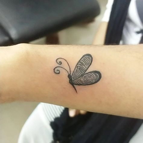 Thumbprint Memorial Tattoo, Fingerprint Tattoo Memorial, Butterfly Fingerprint, Thumb Print Tattoo Ideas, Fingerprint Tattoo Ideas, Finger Print Tattoo, Thumbprint Tattoo, Niece Tattoo, Fingerprint Tattoo