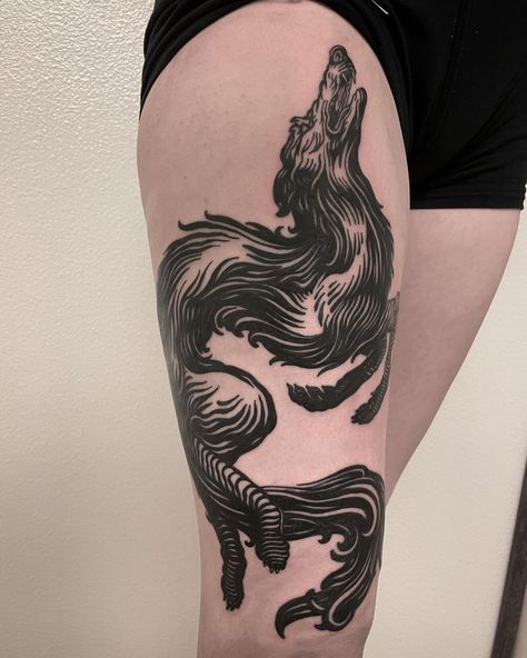 Hellhound Tattoo Design, Woodcut Snake Tattoo, Black And Gray Tattoo Ideas, Saluki Tattoo, Unique Dog Tattoos, Wolf Hip Tattoo, Classic Tattoo Old School, Dog Sleeve Tattoo, Dragon Age Tattoo