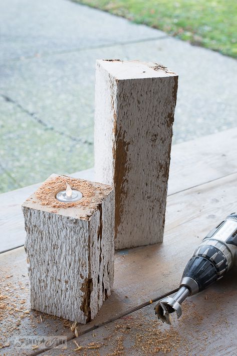 Drilling holes with a forstner bit for making easy and safe rustic wood Christmas candles with a snowflake shelf using faux tealights! Snowflake Shelf, Fence Post Crafts, Post Crafts, Faux Candles, Forstner Bit, Homemade Signs, Candle Projects, Wood Snowman, Candle Ideas