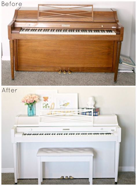 This DIY piano makeover was a dream come true! See how we gave this use piece a new life with some paint and new hardware. Piano Sunroom, Piano Colors, Refinish Piano, Paint A Piano, Piano Painted, Piano Makeover, Diy Piano, Diy Crown Molding, Piano Restoration