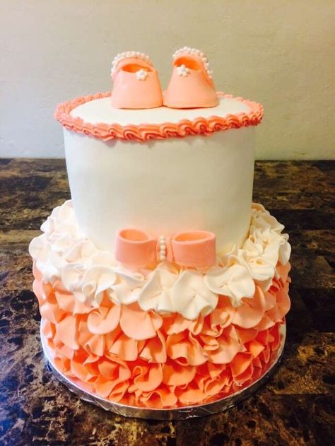 Peaches and cream | CatchMyParty.com Peach Baby Shower Cake, Baby Shower Summer Theme, Peach Baby Shower, Peach Cake, Baby Shower Party Ideas, Peaches And Cream, Shower Party Ideas, Gold Baby Showers, Peaches Cream