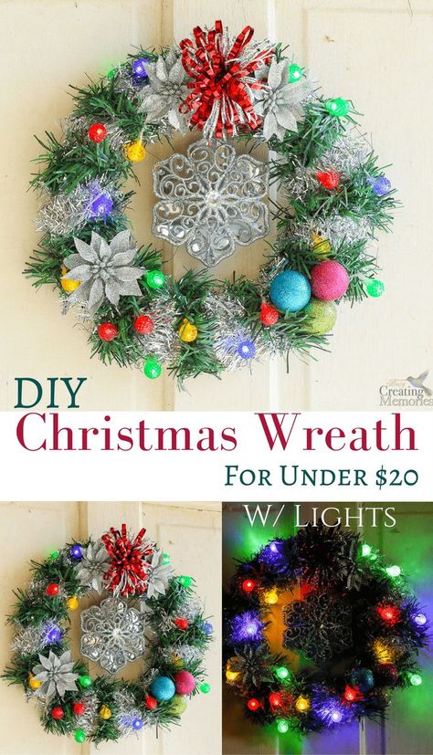 Looking for budget-friendly cheap Christmas Decoration? Discover how to make an easy lighted Christmas Wreath for under $20 w/ supplies from Dollar General! This simple DIY craft is easily completed in one day using burlap, ornament balls, garland, tinsel, poinsettias, and battery charged LED string lights. It can be used indoors or outdoors and looks great for the front door or for windows.  AD Cheap Christmas Wreaths, Lighted Christmas Wreath, Christmas Clothespins, Christmas Wreaths With Lights, Diy Christmas Lights, Christmas Decorations Cheap, Christmas Wreaths Diy Easy, Fun Arts And Crafts, Cheap Christmas