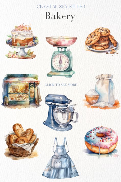 Beautiful watercolor bakery clip art images for sale to download instantly. Free commercial use. Cookie Images Clip Art, Watercolor Baking Art, Baking Watercolor, Ratatouille Party, Cupcake Clip Art, Bread Clipart, Watercolor Bakery, Bakery Clipart, Baking Clipart