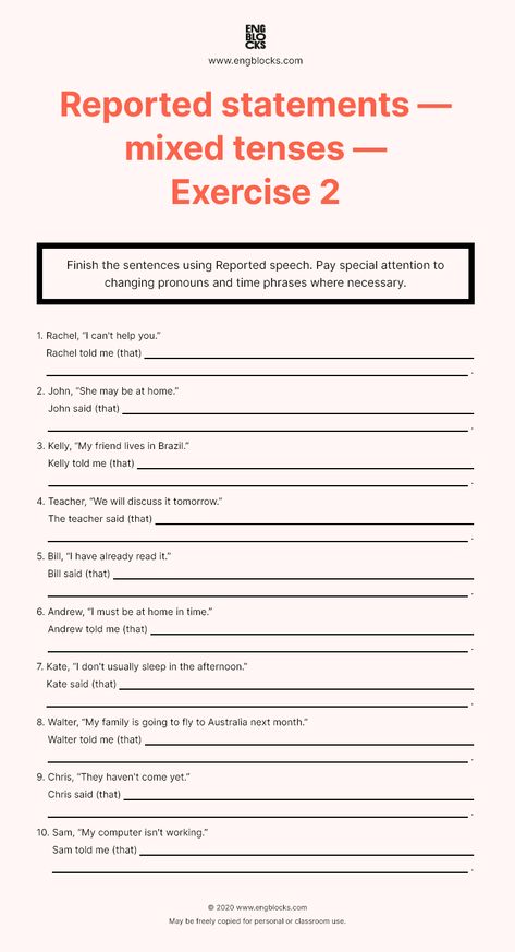 Reported Speech Worksheet With Answers, Tenses Worksheet, Practice English Grammar, Speech Worksheets, Study English Grammar, Past Tense Worksheet, Tenses Exercises, English Activity, Direct And Indirect Speech