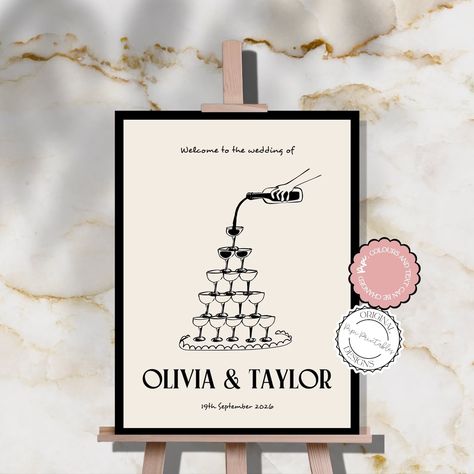 Hand Drawn Wedding Welcome Sign Template Old Money Champagne Tower Scribble Illustration Reception Sign Retro Vintage Illustrated Decor 90s - Etsy Reception Sign, Glamour Vintage, Hand Drawn Wedding, Champagne Tower, Welcome Sign Template, Reception Signs, Charm School, Wedding Welcome Sign, Wedding Welcome Signs