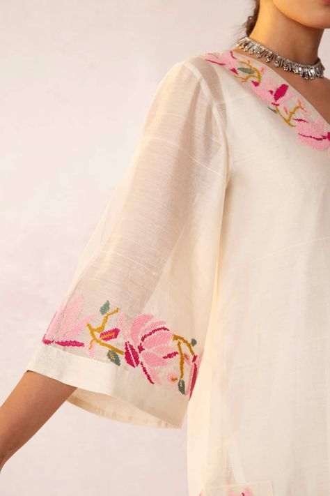 Buy White Handwoven Chanderi Cross Stitch Bahaar Pattern Kurta For Women by Shivani Bhargava Online at Aza Fashions. Chanderi Kurta Designs, Long Kurti Patterns, Types Of Embroidery Stitches, Stylish Kurtis Design, Chanderi Dupatta, Kurta Patterns, Kurta For Women, Striped Pant, Simple Kurti Designs