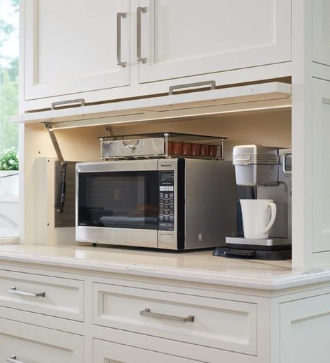 Hide Your Microwave, Microwave Coffee Station Cabinet, Built In Countertop Microwave, Microwave Built In Island, Counter Microwave Ideas, Built In Microwave Ideas, Hidden Microwave Ideas, Microwave Garage, Microwave Coffee Station