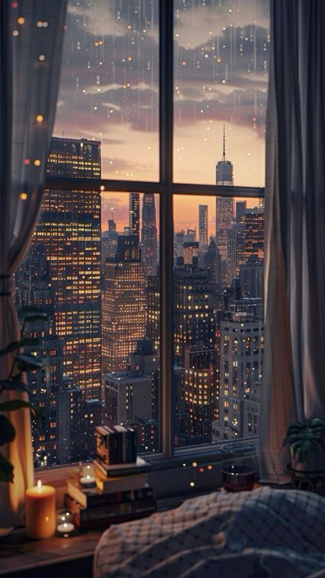 Glass Apartment Aesthetic, Big Window Aesthetic, Cozy Rainy Night Aesthetic, Hotel Window View, Window View City, Window View Night, Wall Pepper, City Bedroom, Rainy Wallpaper