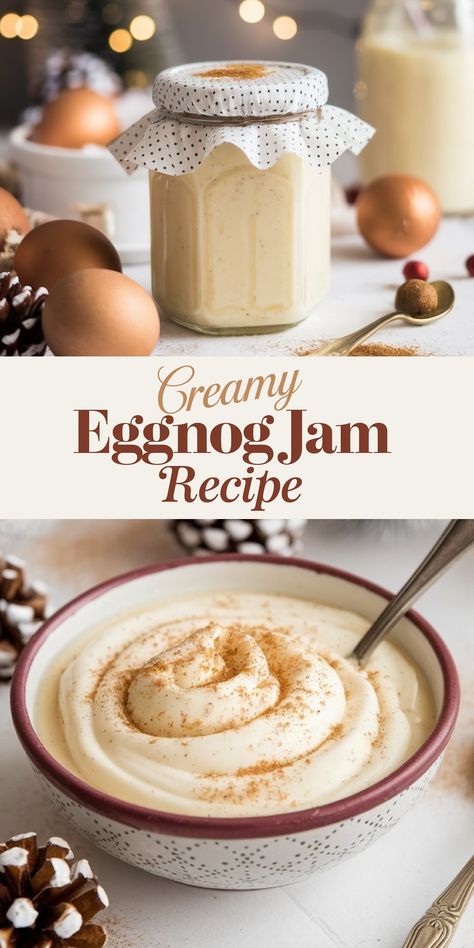 A festive layout featuring a jar of creamy eggnog jam with bread slices for spreading. The design includes a swirl of eggnog jam sprinkled with nutmeg in a decorative bowl, providing a close-up view of the jam’s smooth, velvety texture. The caption "Creamy Eggnog Jam Recipe" in elegant lettering reinforces the holiday theme, making it ideal for Christmas breakfast or brunch. Crockpot Eggnog Recipe, Eggnog Ganache, Eggnog Dessert, Eggnog Recipes, Creamy Eggnog, Ganache Recipe, Eggnog Recipe, Cake Studio, Jam Recipe