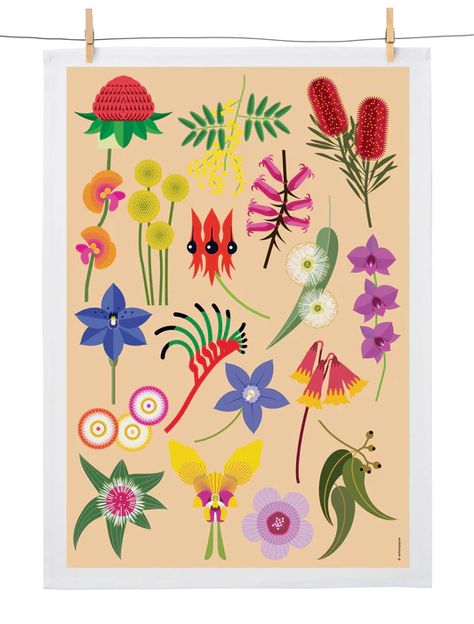 Tea Towels – Biome Australian Plants Illustration, Australian Mural Art, Australian Native Illustration, Australian Flower Illustration, Australian Native Flowers Watercolour, Australian Flowers Drawing, Australian Native Painting, Australian Folk Art, Australian Flora Art