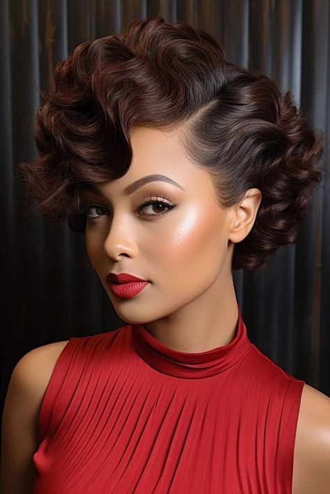 Short Hair Curly Styles Soft Waves, Medium Length Hair Styles Black Women, Finger Waves For Black Women, 1920s Photoshoot, 1920s Hairstyle, Glamour Hairstyles, Romantic Updo Hairstyles, Short Hair Bride, 1920s Hair