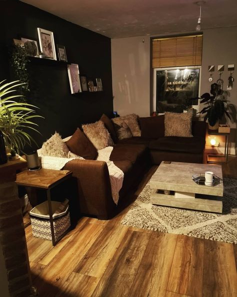 Dark Oak And Black Living Room, Apartment Inspo Dark Wood, Dark Ikea Living Room, Dark Natural Living Room, Earth Tone Room Decor, Dark Wood Living Room Ideas, Brown And Black Apartment, Dark Wood Apartment Decor, Dark Brown Living Room Decorating Ideas