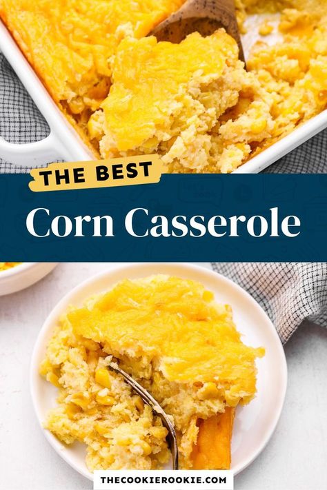 This easy Jiffy corn casserole recipe is light and fluffy with sweet, creamy corn and savory cheese. It’s low maintenance, packed with flavor, and it’s the perfect side dish for any holiday meal! Pop over to my site for the recipe! | side dishes | thanksgiving recipes | christmas recipes | Jiffy Corn Casserole Recipe, Cheesy Casserole Recipes, Easy Corn Casserole, Corn Casserole Recipe, The Cookie Rookie, Savory Cheese, Cookie Rookie, Flavorful Vegetables, Cheesy Casserole