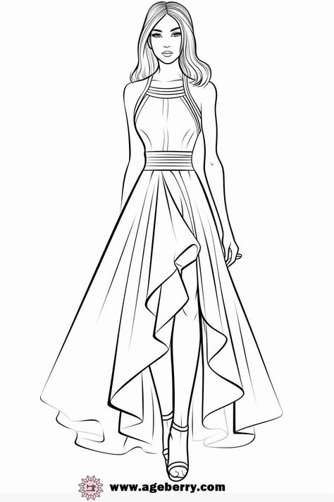 Garments Illustration Fashion Sketches, Sketch Dress Fashion Design, Dress Coloring Pages Fashion Designers, How To Draw A Dress Design, Clothes Print Design Patterns, Drawing Of Dresses, Fashion Design Drawings Sketches, Dress Fashion Drawing, Fashion Outfits Drawing