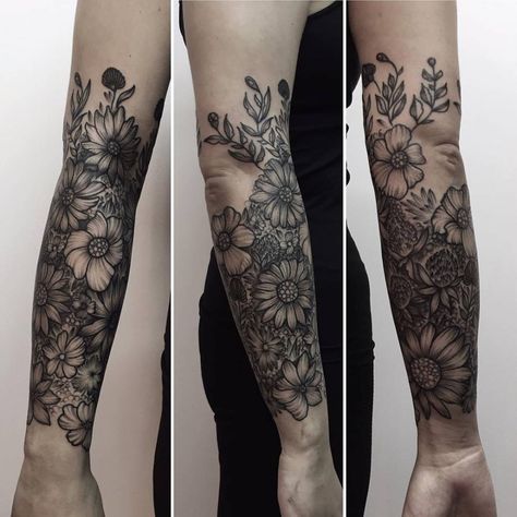 Floral Half Sleeve Tattoo, Blackwork Floral, Forearm Cover Up Tattoos, Cover Up Tattoos For Women, Tattoo Sleeve Filler, Half Sleeve Tattoos Forearm, Sunflower Tattoo Sleeve, Nature Tattoo Sleeve, Leo Tattoos