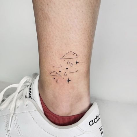 Stars And Raindrops Tattoo, Raindrop Tattoo Water Droplets, Rain Drops Tattoo, Weather Tattoo Ideas, Rain Tattoo Ideas, Rain Cloud Tattoos, Cloud Tattoo Ideas, Well Tattoo, Rain Tattoo