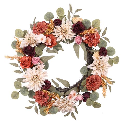 "Purchase the 24\" Pink Rose, Cream Dahlia & Eucalyptus Wreath by Ashland® at Michaels. Add a touch of fall to your home décor with this lovely pink rose and cream dahlia wreath with eucalyptus leaves. Add a touch of fall to your home décor with this lovely pink rose and cream dahlia wreath with eucalyptus leaves. Hang it on a wall above a mantel for an elegant seasonal touch. Details: Pink, cream and green 24\" (60.9 cm) diameter Polyester, plastic, iron wire, and twig For indoor use | 24\" Pin Cream Dahlia, Dahlia Wreath, Rose Cream, Swag Wreath, Party Projects, Eucalyptus Wreath, Wreath Diy, Iron Wire, National Holidays