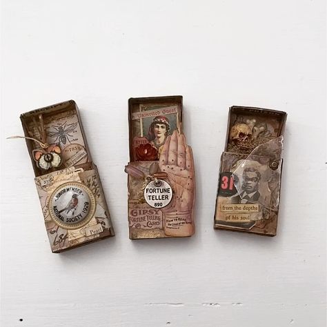 s u z y on Instagram: “Had some fun with a few @tim_holtz idea-ology matchboxes and love the outcome! Have you ever altered a matchbox? It is so much fun! 😉…” Match Box Art, Art O Mat, Box Assemblage, Matchbox Crafts, Tim Holtz Crafts, Altered Tins, Matchbox Art, Match Box, Altered Boxes