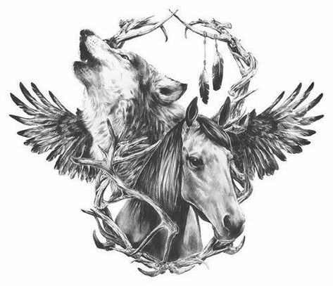 Wolf and Horse tattoo design Kurt Tattoo, Mandala Rose Tattoo, Black And White Tattoo, Horse Tattoo Design, Native American Tattoos, Tattoo Trend, Horse Tattoo, Wolf Tattoos, Wolf Tattoo