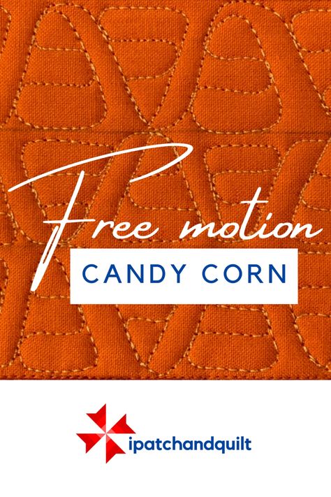 Photo of a piece of orange fabric that is filled with a free motion quilting pattern called Candy Corn. The triangular candies are stitched out in horizontal rows and alternate pointing up and down. 
In the middle of the fabric the white text ‘Free Motion’ is positioned. This text uses a loose script font. Underneath that, a white bar with in the word ‘candy corn’ in simple capital letters in the color blue. Halloween Free Motion Quilting Designs, Pumpkin Quilt Pattern, Pumpkin Quilt, Halloween Placemats, Free Motion Pattern, Free Motion Quilting Patterns, Longarm Quilting Designs, Decor Shopping, Free Motion Quilt Designs