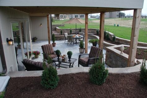 patio ideas | In the Yard | Pinterest | Terraced landscaping ... Walkout Basement Patio, Sunken Patio, Patio Remodel, Building A Porch, Pergola Design, Backyard Pergola, Walkout Basement, Backyard Porch, House With Porch