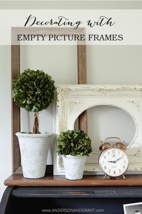 Check out this collection of ideas for using empty picture frames in your decor. | www.andersonandgrant.com Picture Frames On Mantle, Vintage Frames Ideas, Decorating With Picture Frames, Empty Picture Frame Ideas, Farmhouse Thrift Store Makeovers, Thrift Store Diy Projects, Pic Frame, Empty Picture Frames, Empty Frame