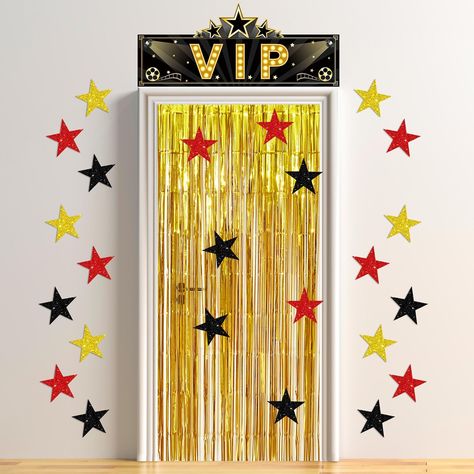 PRICES MAY VARY. Package Includes: you will receive 1 set of awards ceremony decorations, including 1 piece of VIP entrance decoration, 10 pieces of red glitter stars, 10 piece of black glitter stars, 10 piece of golden glitter stars and 1 piece of gold streamer backdrop, totaling 32 pieces, which can add elegance to the award party and impress your guests Exquisite Design: VIP decoration for party of the awards party is printed with [VIP] and stars, which can be hung on the door, the elegant bl Vip Entrance, Movie Decorations, Vip Movie, Streamer Backdrop, Foil Curtain, Party Entrance, Movie Decor, Star Decor, Awards Party