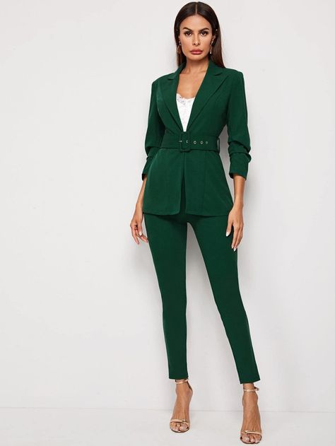 Free Returns ✓ Free Shipping On Orders $49+ ✓. Solid Single Button Lapel Collar Blazer With Pants- Two-piece Outfits at SHEIN. Womens Green Blazer, Blazer Pants Set, Kawaii Clothes Goth, Fur Clothing, Belted Blazer, Green Suit, Tops Fall, Clothes Collection, Two Piece Outfit