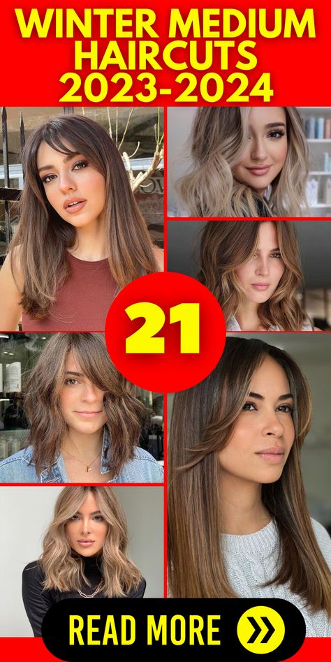 Winter is the perfect time to experiment with your hairstyle, and our medium haircuts for 2023 - 2024 are here to inspire your transformation. Whether you have round faces or short to medium hair length, our styles cater to a wide range of preferences. Explore options like curtain bangs and layers to add depth and dimension to your look, whether you have fine hair or thick locks. Modern Haircuts 2023, Hair Cuts Medium Length Round Face, Medium Layered Haircuts With Bangs Round Faces, Winter Medium Length Hair, Hairstyles 2024 Trends Medium, Current Hair Trends 2023 Medium Length, Medium Length Lob With Curtain Bangs, Best Haircut 2023, Winter Hair Cuts 2023