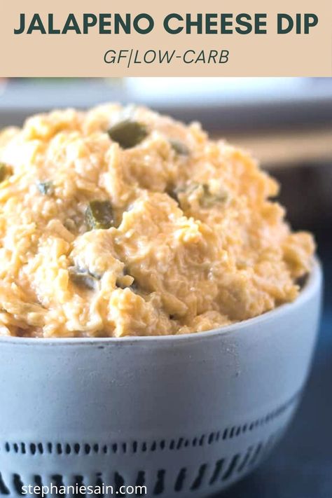 Jalapeño cheese spread in a white bowl with blue trim. Veggies and crackers in the background for serving. Gluten Free Vegetarian Snacks, Jalapeno Cheese Dip, Cheese Jalapeno Dip, Spicy Cheese Dip, Cheddar Cheese Dip, Jalapeno Cream Cheese Dip, Cheddar Dip, Cheese Spread Recipes, Dip Recipes Appetizers