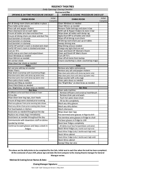 Initial Complete Initial Complete Ensure all dining chairs are clean and dust free Dust banisters in rotunda Dust banister... Kitchen Cleaning List, Bar Checklist, Closing Checklist, Kitchen Cleaning Checklist, Starting A Restaurant, Restaurant Cleaning, Cleaning Checklist Template, Restaurant Service, Restaurant Management