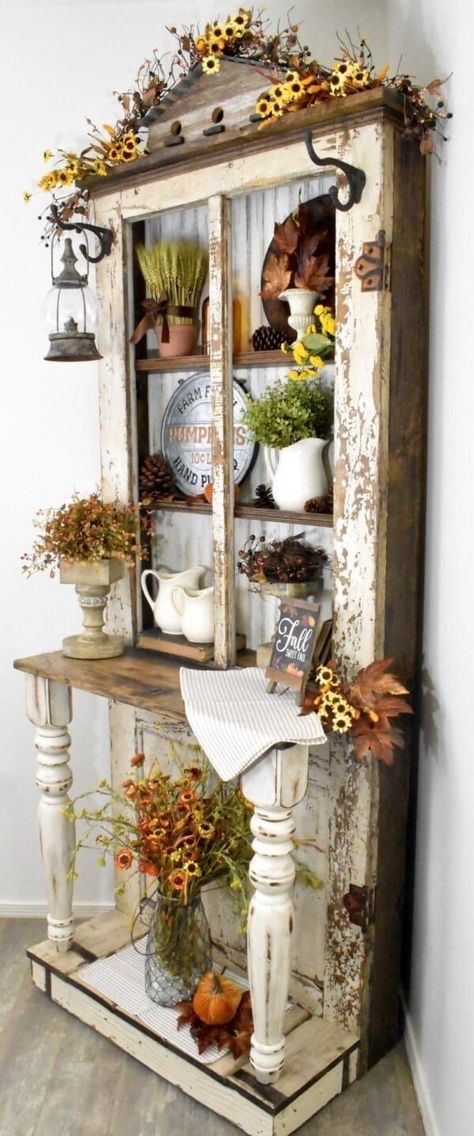 Vintage Doors Repurposed, Door Hutch, Old Door Decor, Old Door Projects, Home Decor Aesthetic, Doors Repurposed, Vintage Doors, Aesthetic Home Decor, Fall Vintage