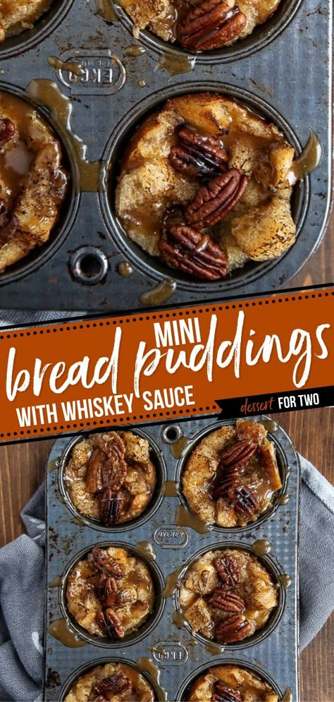 Mini Bread Puddings, holiday brunch, christmas morning Drunken Bread Pudding, Mini Bread Pudding Cups, Whiskey Bread Pudding Recipes, Bread Pudding Bites, Individual Bread Pudding Cups, Cooking With Whiskey, Holiday Bread Pudding, Individual Deserts Ideas, Bourbon Bread Pudding Recipe