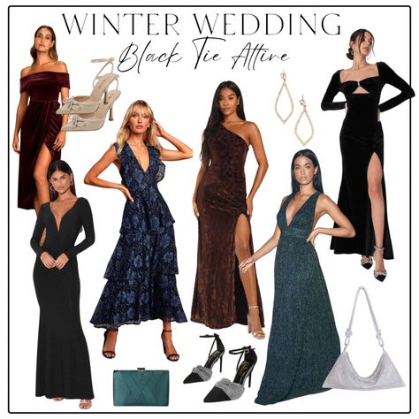 Black tie wedding guest dresses and accessories! Winter wedding. Black tie. Black tie wedding. Formal dress. Christmas party. Christmas dress. Black tie event. Gala dress. Wedding guest. Dress under 100. Shoe dupe. Shoes. Winter heels Follow my shop @The.BasicBee on the @shop.LTK app to shop this post and get my exclusive app-only content! #liketkit #LTKunder100 #LTKwedding #LTKstyletip @shop.ltk https://liketk.it/3WuWW Winter Black Tie Outfit, Black Tie Dress Winter, Black Tie Wedding Winter, Black Tie Christmas Party Dresses, Black Tie Winter Wedding Guest Dress, Winter Black Tie Wedding Guest Dress, Black Tie Wedding Guest Dress Winter, Winter Black Tie Wedding, Winter Wedding Black