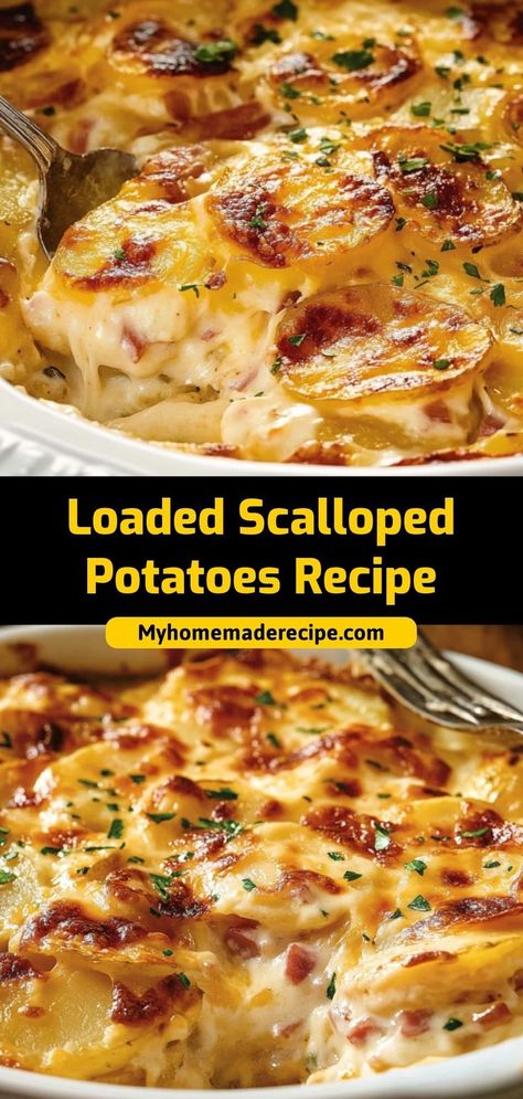 These loaded scalloped potatoes are creamy, cheesy, and topped with bacon and green onions. A decadent side dish! Ingredients: 4 potatoes, sliced 1 cup shredded cheese ½ cup bacon bits 1 cup heavy cream Serve these loaded scalloped potatoes for a rich and indulgent side Scalloped Potatoes Cream Cheese, Flemmings Scalloped Potatoes, Loaded Scalloped Potato Casserole, Steak And Cheese Baked Potato, Potato Dinners Healthy, Budget Friendly Side Dishes, Cheesy Bacon Scalloped Potatoes, Scalloped Potatoes Bacon, Easy Scalloped Potatoes Made With Cream Of Mushroom Soup