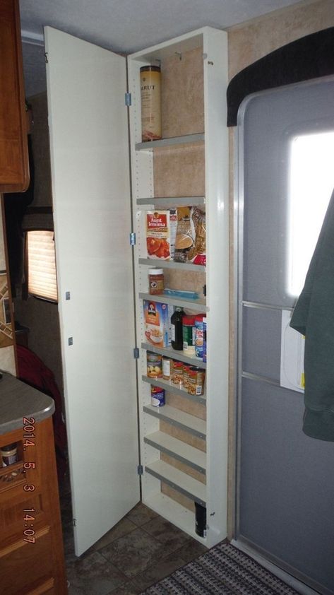 Rv Living Remodel, Rv Storage Organization, Diy Travel Trailer, Narrow Pantry, Travel Trailer Organization, Open Pantry, Motorhome Interior, Mini Couch, Camper Organization