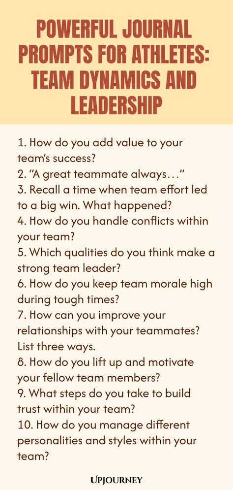 Explore the power of journaling with these thought-provoking prompts specially designed for athletes focusing on team dynamics and leadership. The insightful questions will help you reflect, grow, and enhance your performance both on and off the field. Whether you're a coach or an athlete, these prompts are perfect for deepening your understanding of teamwork and leadership within sports. Elevate your game with these powerful journal prompts tailored for the athlete in you! Insightful Questions, Work Etiquette, Team Dynamics, Psychology Terms, Relationship Quizzes, Team Morale, Emotional Recovery, Journal Questions, Happiness Journal