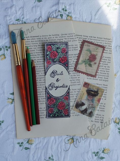 Handmade bookmark inspired by Jane Austen's Pride & Prejudice. Linocut bookmark with handpainted vintage rose design. Available on Esty. Limited Edition of 50. Bookmark Design, Pride Prejudice, Best Novels, Bookmarks Handmade, Vintage Rose, Pride And Prejudice, Rose Design, Book Characters, Charleston Sc