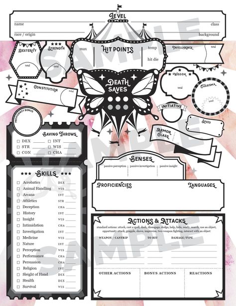 Roleplay Character Sheet, Dnd Sorcerer Character Sheet, Witchlight Carnival Dnd, Custom Dnd Character Sheet, Dnd Character Sheet Design, Cute Dnd Character Sheet, Dnd Character Sheet Template Free, Witchlight Carnival, Dnd Character Sheets