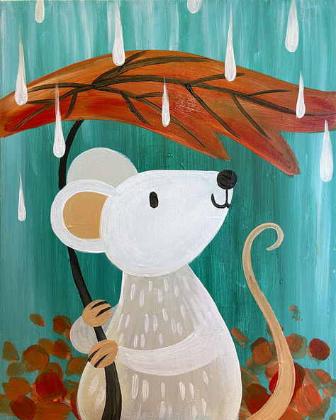 An autumn leaf makes the perfect umbrella to keep this little mouse out of the rain Crab Painting For Kids, Kids Painting Class, Pinots Palette, Fall Canvas Painting, Painting Parties, Acrylic Ideas, Fall Art Projects, Fall Canvas, Kids Painting