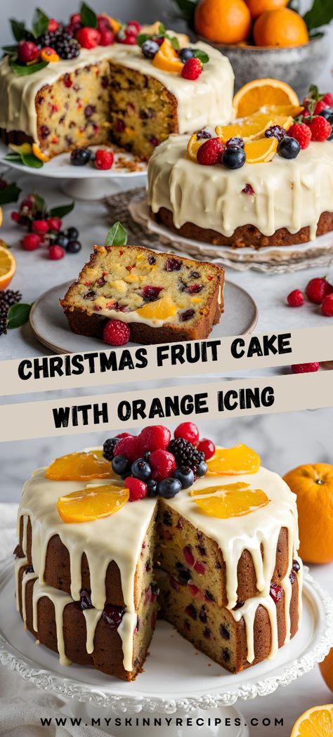 Get into the holiday spirit with this festive Christmas Fruit Cake with Orange Icing! 🎄🍰 Packed with dried fruits, nuts, and warm spices, it's the perfect treat for the holiday season. #ChristmasFruitCake #HolidayBaking #OrangeIcing #myskinnyrecipes Dried Fruit Cake, Christmas Icing, Cream Filled Cupcakes, Classic Holiday Desserts, Chocolate Fruit Cake, Christmas Fruit Cake, Easy Icing, Orange Icing, Coconut Snowballs