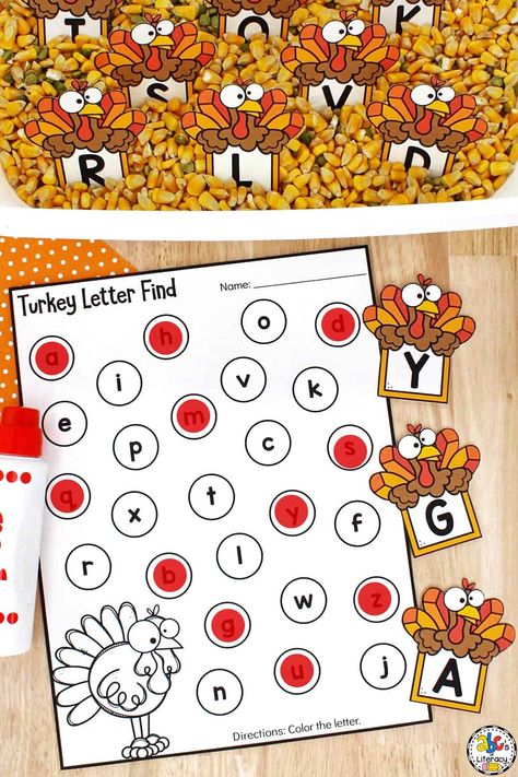 Turkey Sensory Bin Preschool, Thanksgiving Number Activities, Thanksgiving Learning Activities Preschool, Fall Theme Pre K Activities, November Sensory Bin Kindergarten, Thanksgiving Writing Center Preschool, Turkey Alphabet Match, Thanksgiving Counting Preschool, Letter J Sensory Bin