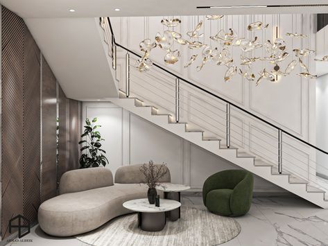 staircase and sitting area on Behance Seating Below Staircase, Seating Area Under Stairs, Staircase Sitting Area, Sofa Under Stairs, Staircase Seating, Under Stairs Decor, Interior Design Under Staircase, Wood Showroom, Sitting Room Interior Design