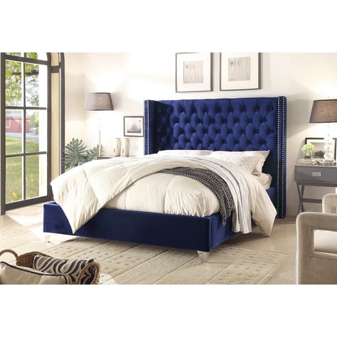 Meridian Aiden Navy Velvet Bed (Queen), Blue Headboard Vintage, Chesterfield Bed, Bespoke Beds, Wingback Bed, Velvet Headboard, Dekorasi Kamar Tidur, Velvet Bed, Headboard Designs, Upholstered Bed Frame