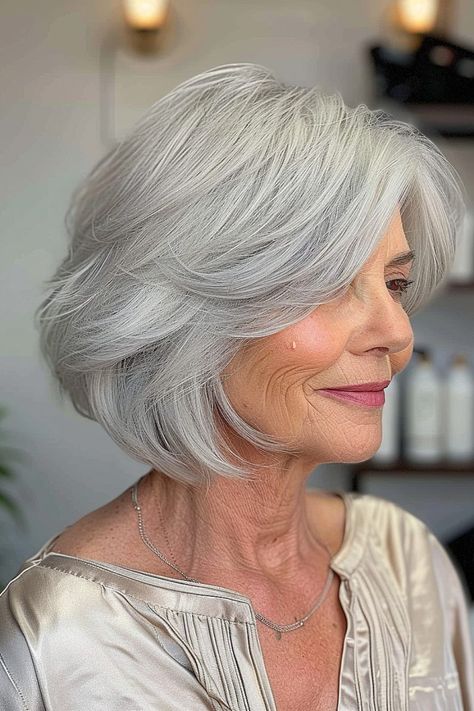 The Trendiest Layered Bob Haircuts of 2024 Grey Layered Bob, Bob Grey Hair, Gray Bangs, Grey Hair Short, Disconnected Layers, Brunette Tones, Grey Hair And Glasses, Layered Bob With Bangs, Shaggy Bob Haircut